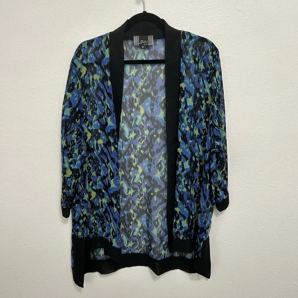 Slinky Brand Blue Multicolor Abstract Semi Sheer‎ Open Kimono Drape Cover Up 1X
